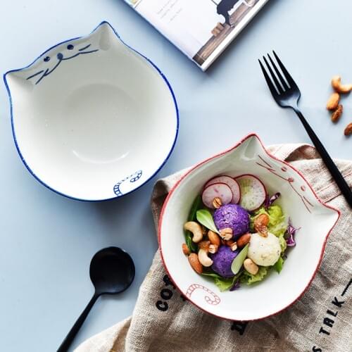 6.3 inch Cartoon Cat Bowl Ceramic Noodle Bowl Blue Red Kitty Bowls Creative Restaurant Maneki Neko Household Soup Bowl