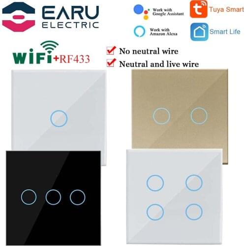 EU 1/2/3/4 Gang Smart RF433 Wifi Wall Light Touch Switch Glass Panel No Neutral Wire Required Alexa Google Smart Life Home Tuya