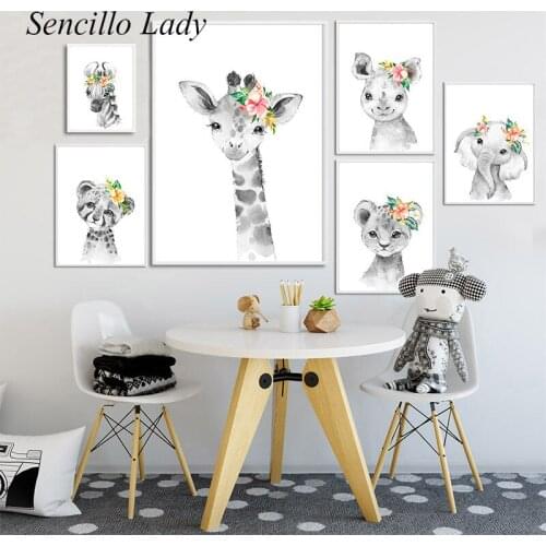 Nursery Painting Black White Floral Animal Baby Elephant Giraffe Canvas Poster Art Print Nordic Kid Bedroom Decoration Picture