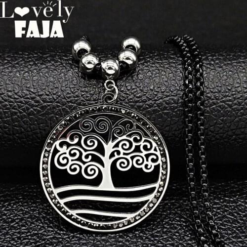 Fashion Black Crystal Stainless Steel Necklaces for Women Tree of Life Silver Color Long Necklace Jewelry collares N19706S03