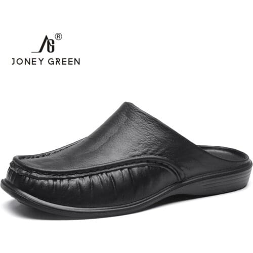 New Summer Thick Bottom PU Leather Beach Slippers Big Size 40-47 Mens Comfortable Breathable Light Shoes Male Round toe Slides