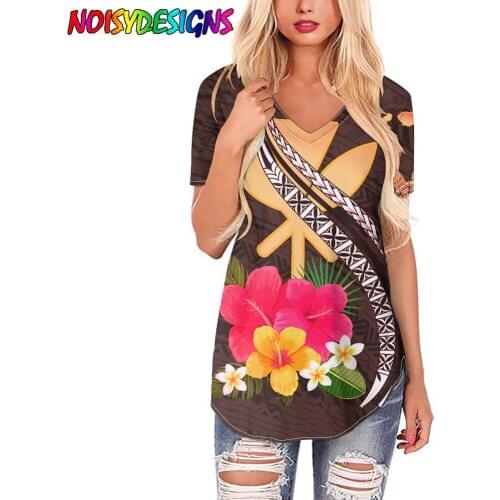 NOISYDESIGNS Women T-shirt Summer New Loose V-Neck Samoan Hibiscus Polynesian Tribal Pattern Tops Short-sleeved Clothes Casual