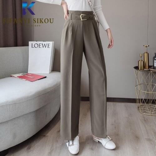 Plus Size Women Black Suit Pants With Belt Women High Waist Wide leg Pants Solid Casual Long Trousers Female Straight Pantalones