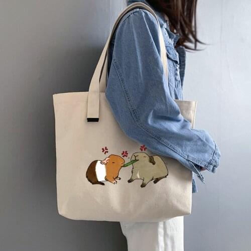 Cartoon Handbag Canvas Tote Bags Cute Guinea Pig Print Foldable Reusable Women Canvas Casual Shoulder Bag Shopping Bag Shopper