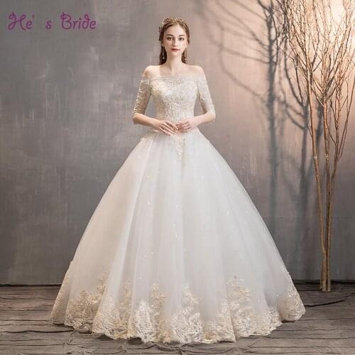 Hes Bride Boat Neck Half Sleeves Tulle Back Lace Up Floor-Length Appliques Simple White Wedding Dress Vestido De Novia Custom