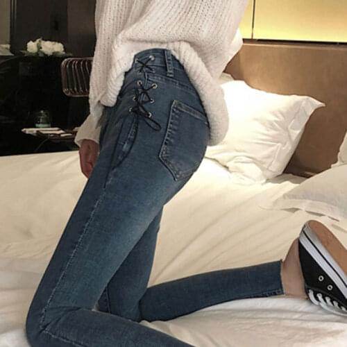 Retro Plus size fat mm High waist stretch nine-point jeans womens straight slimming little feet pants Drawstring Lace-up Hips