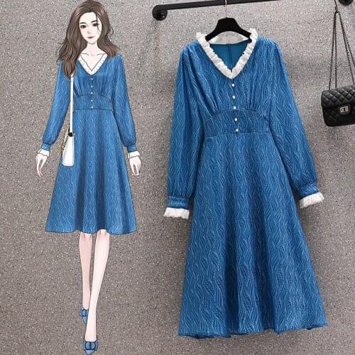 Blue Black Long-Sleeved Midi Plus Large Size Oversize Korean Fashion Kawaii Casual WomenS Elegant Dresses Autumn For Women 2021