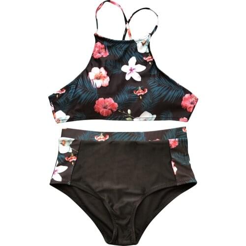 2021 New Summer 2 Pieces sexy Bathing Suit, Female Floral Print U-Neck Bikini Tops+ High Waist Panties