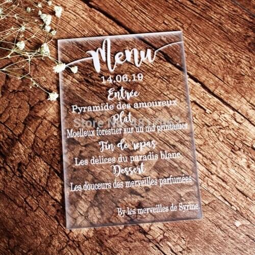 Acrylic Menu Wedding Transparent Plexiglass Sign Table Digital Modern Calligraphy Event Food Menu