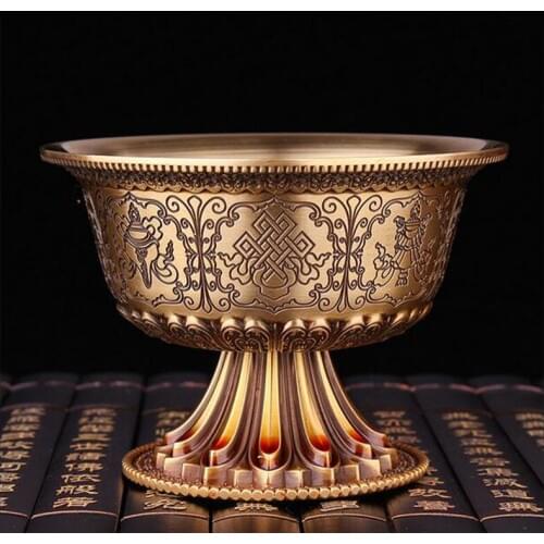 Buddhist Supplies Nepal Craft Eight Auspicious Extremely Beautiful Tall Solid Copper Water Bowl Cup Buddha Decorations 1 pc