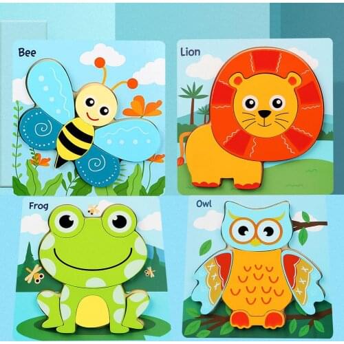 Wooden Animal Jigsaw Kids Early Teaching Lion Frog Owl Bee Shaped Puzzles Educational Toys Gifts For Children