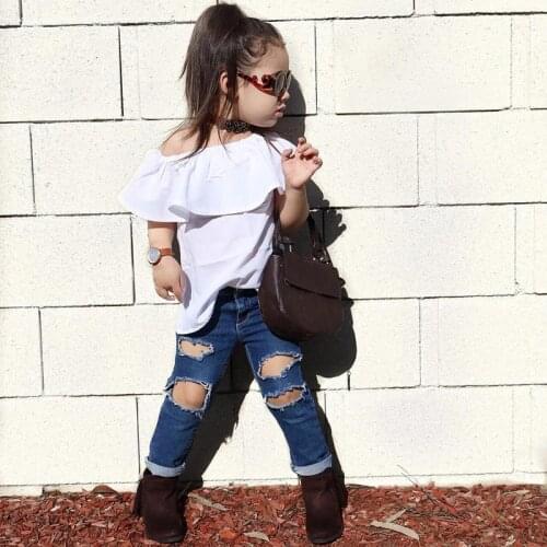 FOCUSNORM Fashion Summer Girls Clothes Sets 1-7Y Off Shoulder Short Sleeve T Shirts Denim Hole Long Pants 2pcs