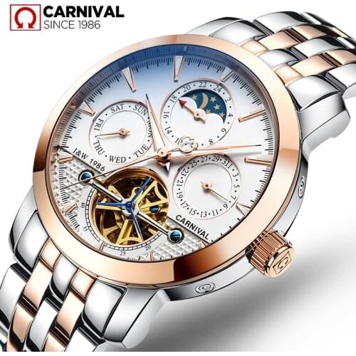 Carnival Men Automatic Watch Flying Wheel Date Day 24hours Week 25jewels Mechanical Tourbillion Watch Luxury Gift