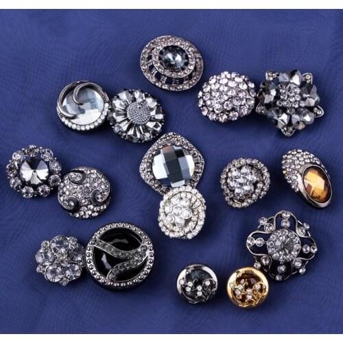 2pcs Flower Metal black Buttons with Diamond Rhinestone for Clothing Dress Needlework Women Diy Suit Jeans Sewing Button
