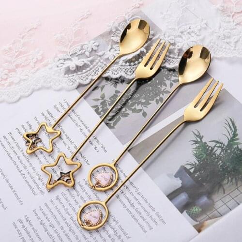 Round Star Pendant Stainless Steel Coffee Spoons Dessert Ice Cream Teaspoon Kitchen Gadget Decor Kitchen Bar Utensils Coffeeware