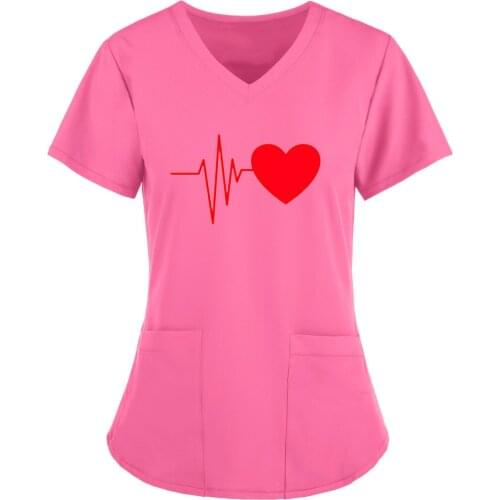 Summer Women Love Heart Short Sleeve V-Neck Tops Working Uniform Solid Color Pocket Multiple Styles High Quality Pullovers Tops