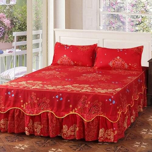 Fashion RedPrinting Fitted Comfortable Bedspread Wedding Bed skirt Queen King Size Sheet Cover Double Layer Bed Cover