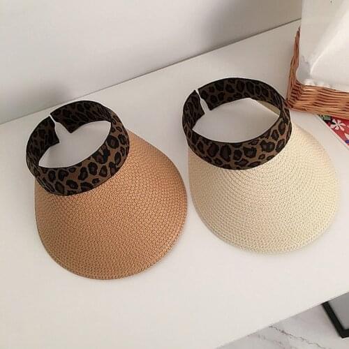 Fashion Women Sun Hats Female Leopard Visor Cap Handmade Paper Straw Summer Casual Shade Hat Empty Top Frog Hat Beach Panama Cap