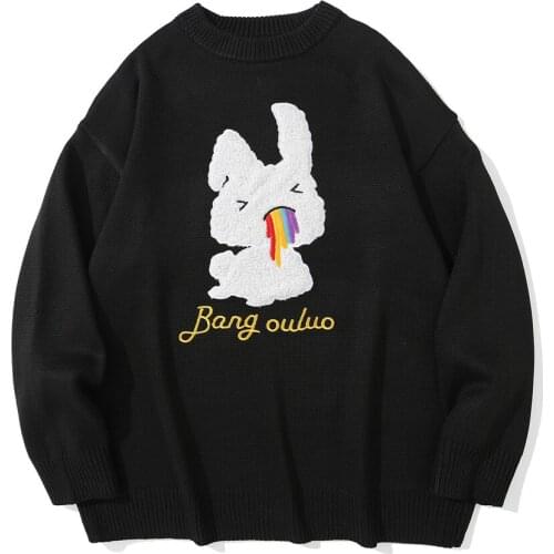 Cartoon Rabbit Embroider Knitted Mens Fashion Sweaters Round Neck Casual Loose Mens Pullover Harajuku Cute Sweater Couple Wear