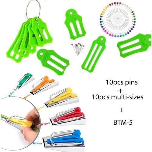 10PCS Multi-Sizes Folding Fabric and Biasing Strips Roll Tool Set with 40 pcs of Multi-Color Quilting Pins and bias tape maker