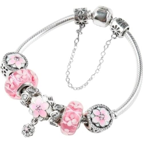 NEW 100% 925 Sterling Silver Brand New 1:1 Genuine Elegant Flower Bracelet Set Charm Orchid Sakura Pink Glass Bracelet