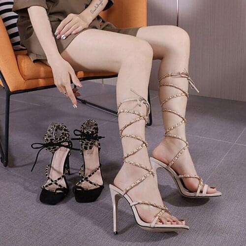 Catwalk Summer New 2021 Pumps Modern Sandals Flat toe Fashion Party Sexy Cross-tied Back Strap Thin Heels Chain 12.5 High Heels