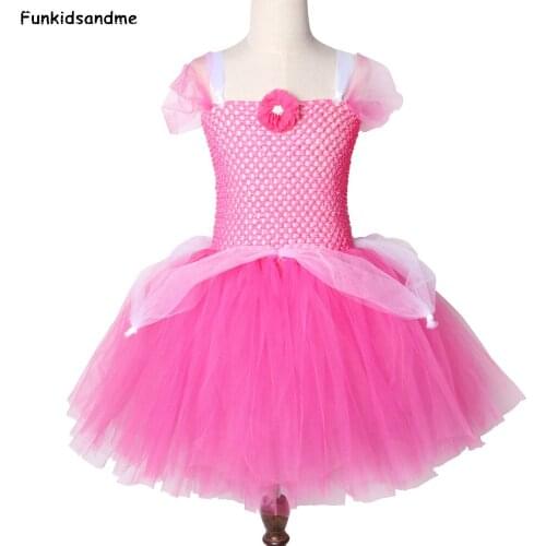 Princess Aurora Tutu Dress Hot Pink Tulle Children Girls Birthday Party Dress Kids Halloween Cosplay Sleeping Beauty Costume