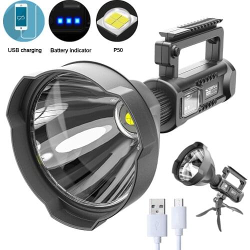 Portable Powerful LED Flashlight XHP50 Torch USB Rechargeable Searchlight Waterproof Spotlight with Base Fishing Light Lantern