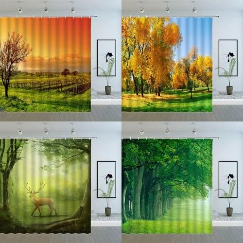 Natural Landscape Pattern Shower Curtains Forest Tree Plant Flower Scenery Bathroom Polyester Cloth Hanging Curtain Decoration