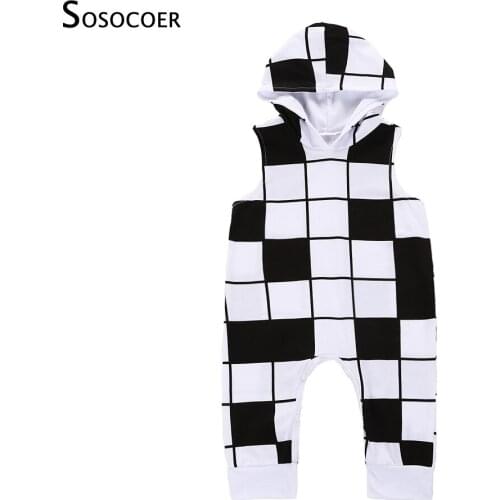 SOSOCOER Baby Boy Rompers Clothes Newborn Plaid Printed Sleeveless Infant Jumpsuit One Pieces Hooded Romper Summer Bodysuits