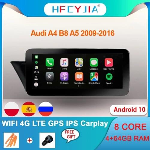 WIFI 4G Android 10 System Auto GPS Navi Player For Audi A4 B8 A5 2009-2016 8 Core 4+64GB RAM BT IPS Touch Screen Stereo Carplay