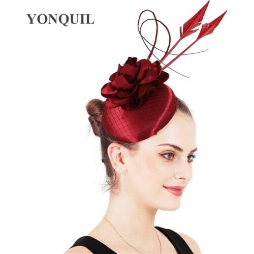 High Quality Satin Marron Wedding Fascinator Hat Gorgeous Female Feathers Headwear With Headband Accessories Nice Flower Chapeau