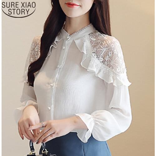 Korean Office Lady Lace Tops White Loose Blouse Solid Stand Collar Chiffon Blouse Women 2021 Spring Long Sleeve Shirt 7959 50