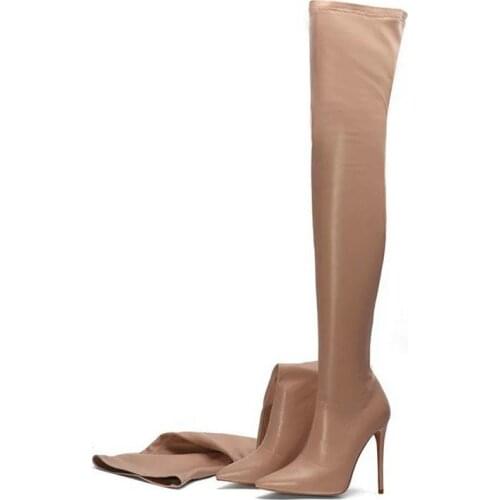 New Slim Stretch Ladies Thigh Boots Autumn Winter Super High Heel Slip On Comfortable Boots Plush Lining Warm Womens Shoes