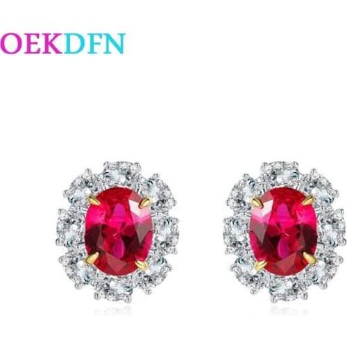 OEKDFN Vintage 100% 925 Sterling Silver Stud Earrings Women Created Moissanite Ruby Gemstone Birthstone Ear Studs Fine Jewelry
