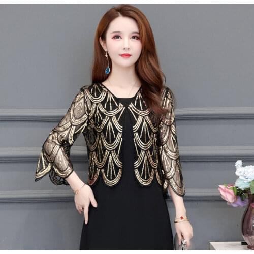 Women Jacket Fashion V-neck Short Cardigan Poncho Sequin Shawl Female 2021 Summer Hollow Lace Cape Coat Sun Protection Chaquetas
