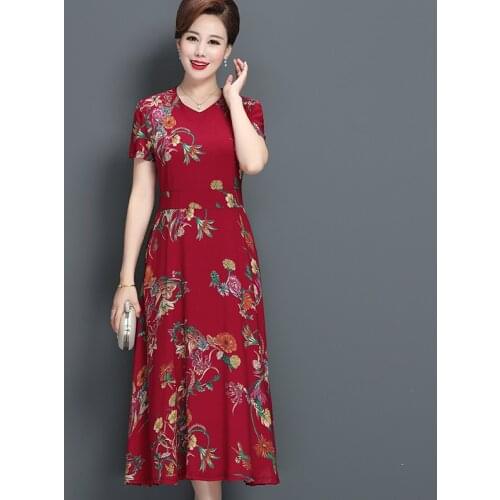 Women Summer Flower Print Long Dress Plus Size Middle-aged Ladies Elegant V-Neck Loose Mother Dress 5XL Female Vestidos Clothing