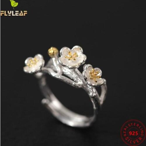 Flyleaf 100% 925 Sterling Silver Plum Flower Open Rings For Women Chinese Style Lady Vintage Jewelry