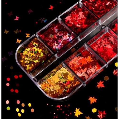 12Grid Slime Resin Filler Glitter Flakes Mixed Maple Leaf Butterfly Star Sequins for Nail Art Epoxy Fluorescent Flakes Clay DIY