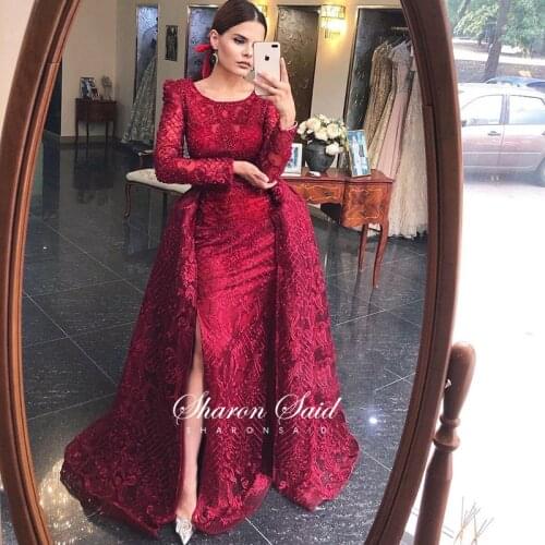 Arabic Burgundy Dubai Evening Dress with Long Sleeve Overskirt Muslim Formal Dress Plus Size Women Blue Green Wedding Party Gown