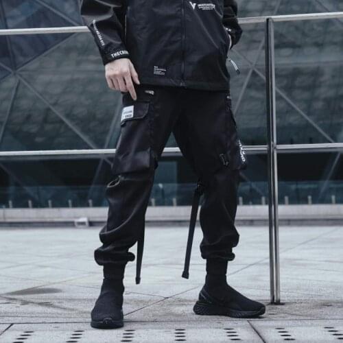 CROXX Techwear Mens Black Drawcord Waist Cargo Pants Ripstop Jogger Ribbon Decoration Hip Hop Style Punk Fashion