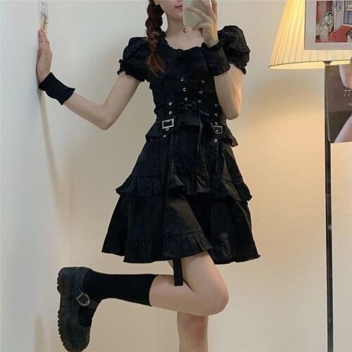 Womens Gothic Lolita Dress Goth Punk Gothic Harajuku Mall Gothic Style Bandage Black Dress Spring 2021