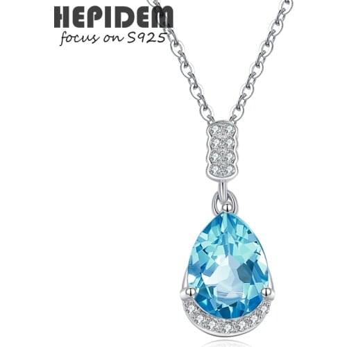 HEPIDEM 100% Really Topaz 925 Sterling Silver Pendant Necklace 2021 Women Blue Gemstones S925 Choker Statement with Chain H005