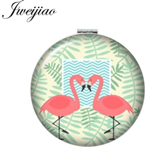 JWEIJIAO One Pair Flamingo Birds couple Makeup Mirror Mini Round Folding Compact Pocket Mirror 1X/2X Magnifying espelho