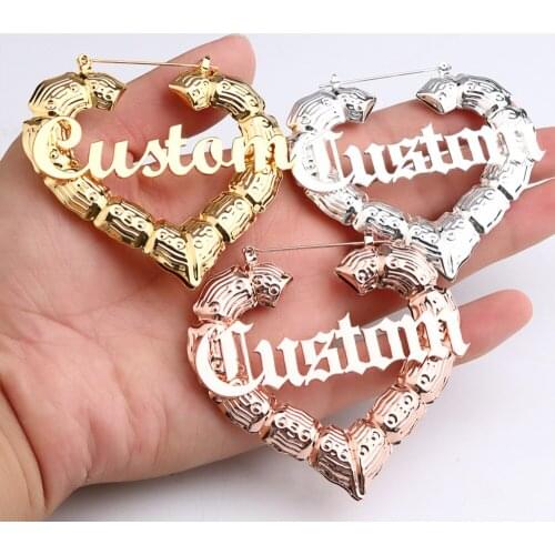 Lateefah 70mm Custom Earrings Love shape Hiphop Sexy Bamboo Hoop Earrings Customizable Customize Name Earrings Bamboo Style