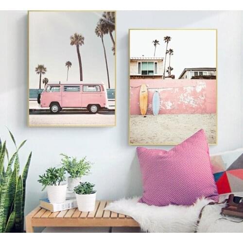 Retro Pink Van Photography Poster Canvas Print Beach Landscape Painting Surfing Boho Wall Pictures for Living Room Home Decor