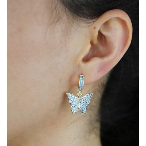 2021 Summer New Gold Color Dangle Drop Earring with White Pink Blue CZ Butterfly Charm Cute Lovely Animal Girls party Jewelry