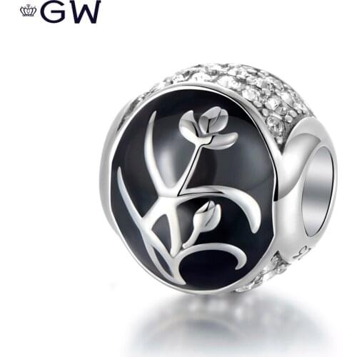GW 925 Silver Charm With Chinese Orchid Design Black Enamel Round Original Beads Fit Bracelet Necklace Jewelry Making D191