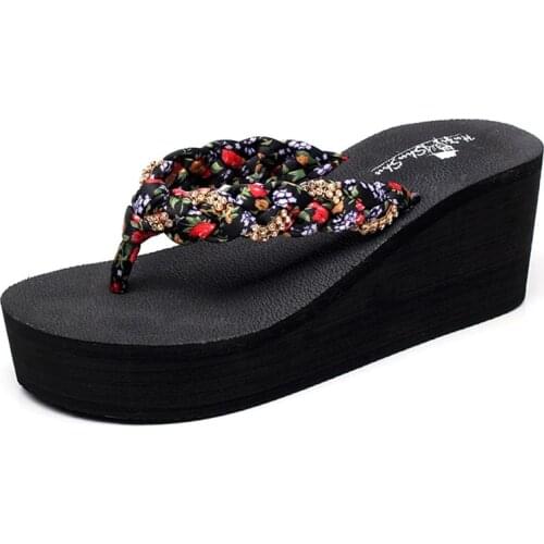 Summer Womens Shoes Non-Slip Embroidered Flip-Flops Thick-Soled Slope Heels Fashionable Beach Heighten Woven Sandals Slippers
