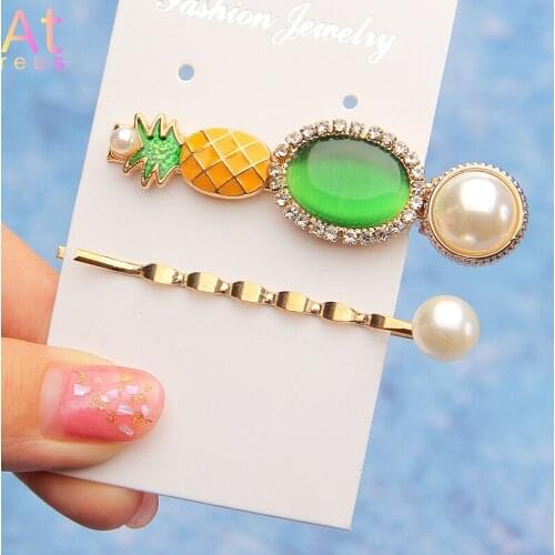 Korean Style Oil Drip Pineapple Hairpins Simulated Pearl Hairgrips Rhinestone Green Resin Hair Accessories